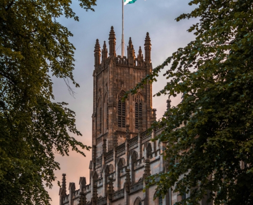 Scottish-flag-flying-on-top-of-historic-building