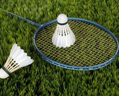 shuttlecocks-and-racket-on-grass